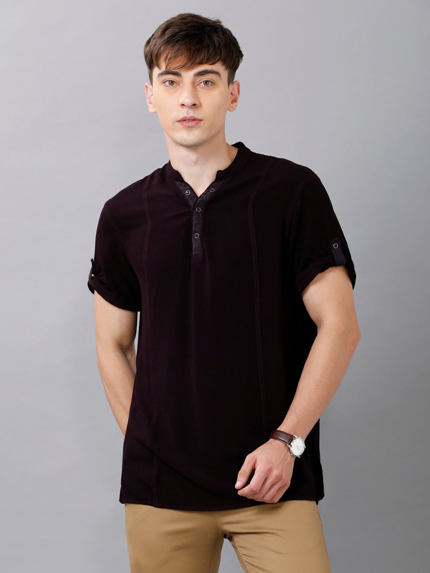 Identiti Dark Wine Mandarin Collar Short Kurta