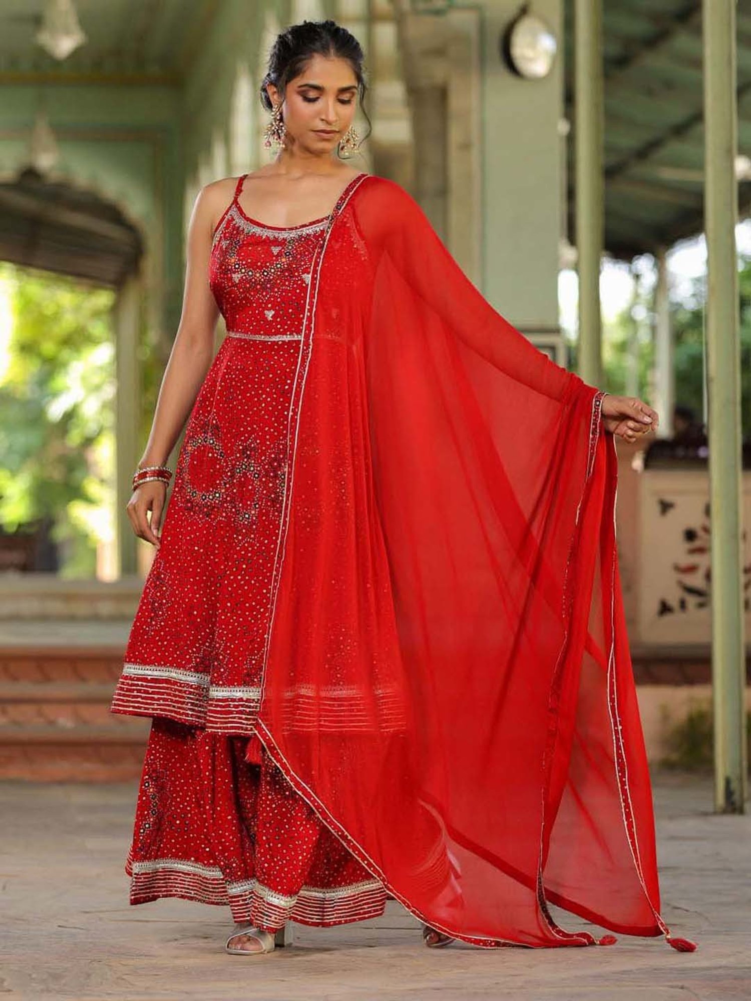 SCAKHI Crimson Red Printed Kurta Sharara Set With Dupatta