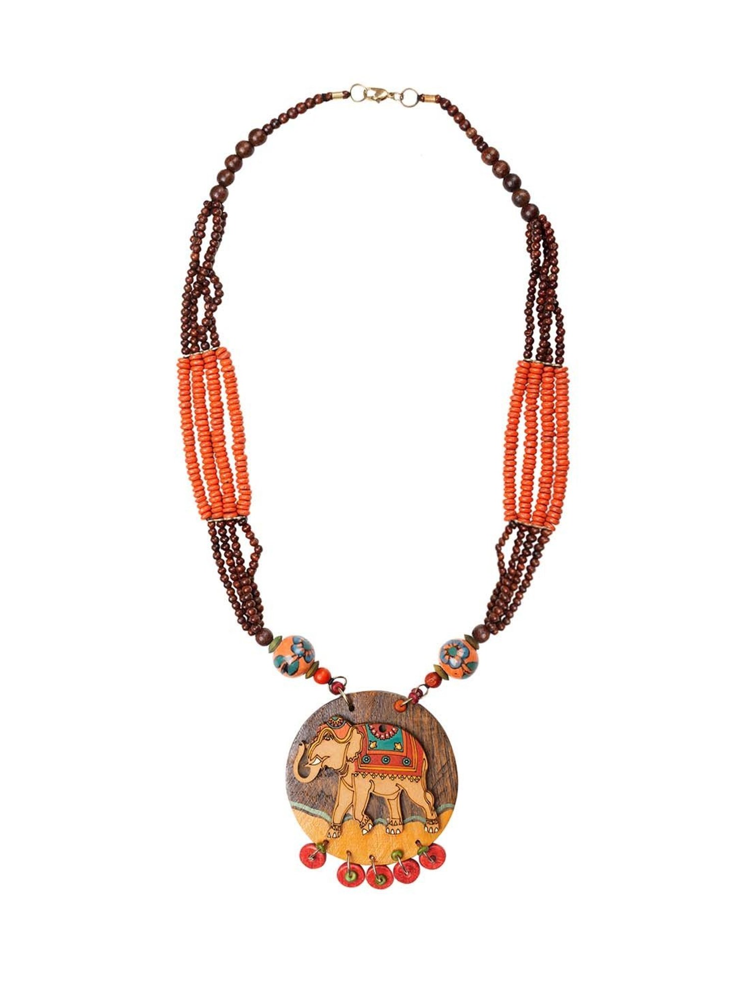ExclusiveLane 'Tribal Elephant' Orange & Brown Handpainted Necklace (Teak Wood)