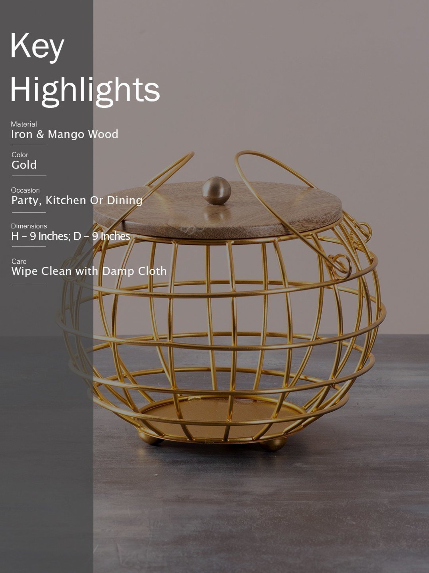 Nestroots Gold Metal Fruit Basket with Lid Kitchen Stand vegetable basket rack Round Net baskets