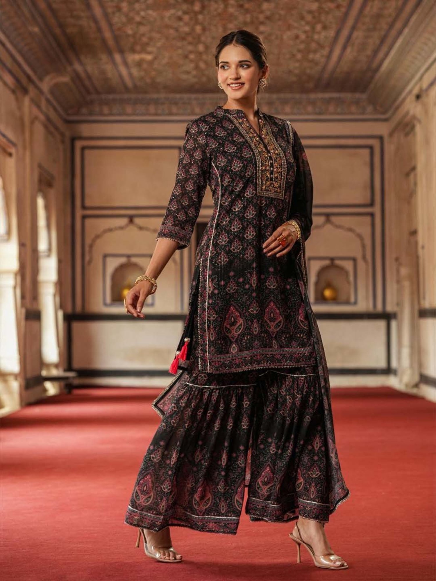 SCAKHI Black Printed Kurti Sharara Set With Dupatta
