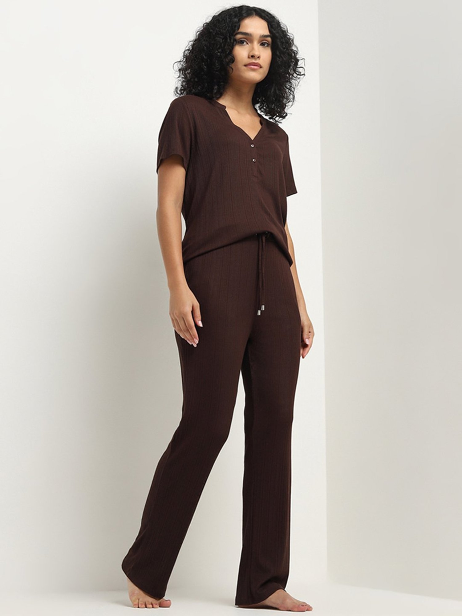Wunderlove by Westside Dark Brown Ribbed Textured High-Rise Pants