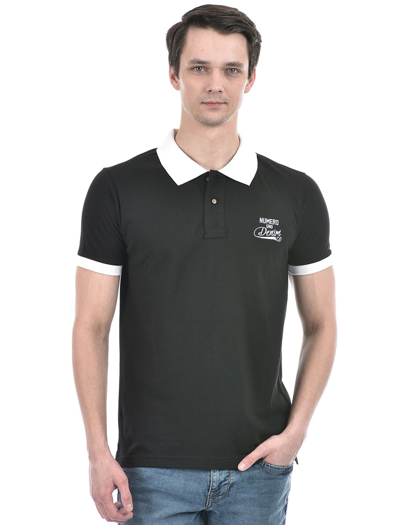 Numero Uno Black Cotton Slim Fit Polo T-Shirt