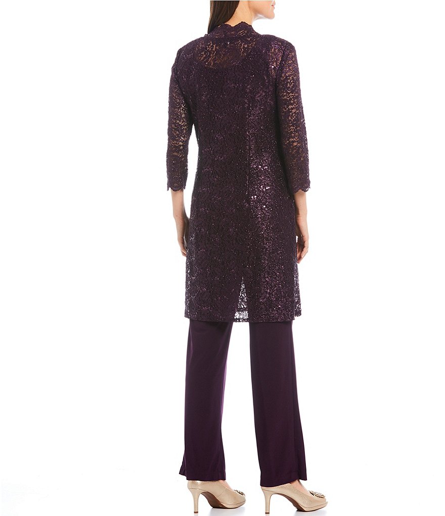 R & M Richards 3-Piece Sequin Glitter Scallop Lace Duster Pant Set