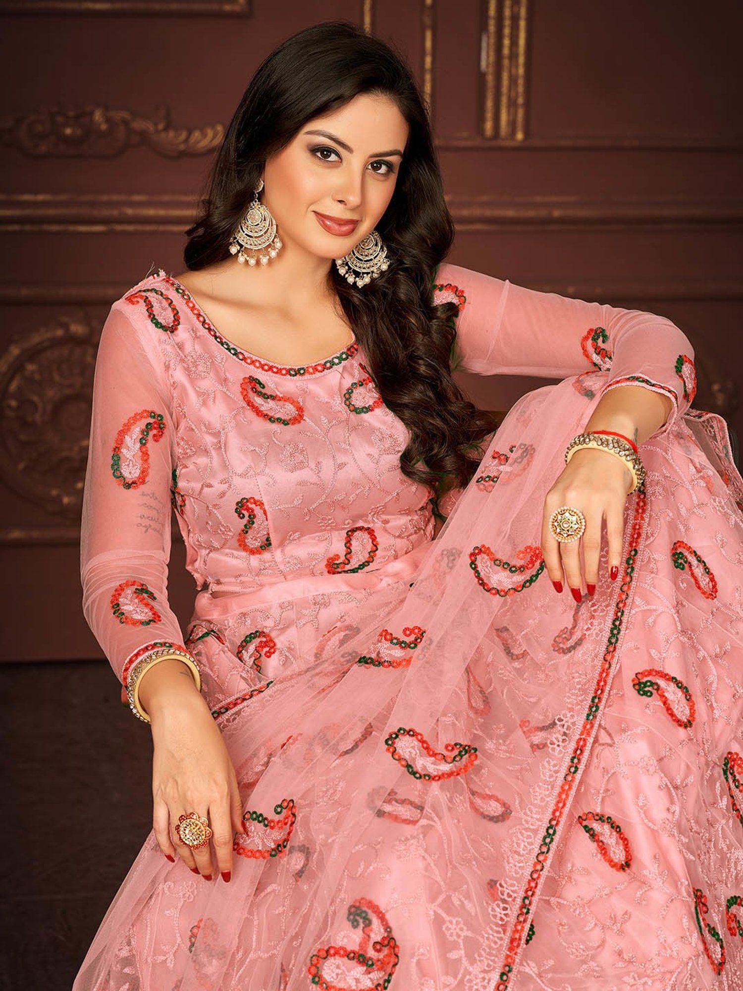 Warthy Ent Peach Embroidered Lehenga Choli Set With Dupatta