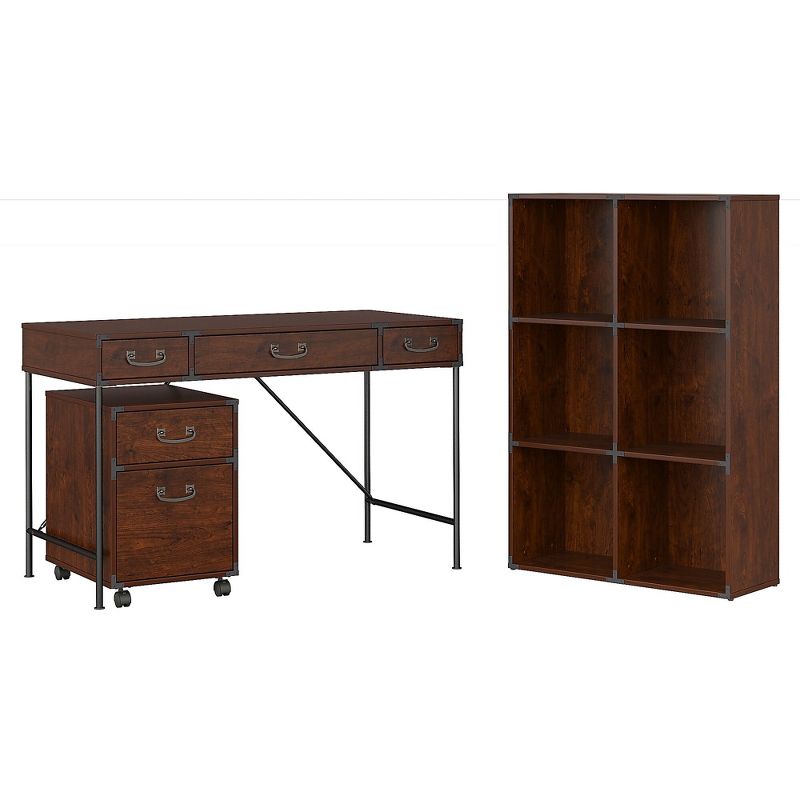 kathy ireland Home by Bush Furniture 48W Writing Desk Mobile File and 6 Cube Bookcase Coastal Cherry