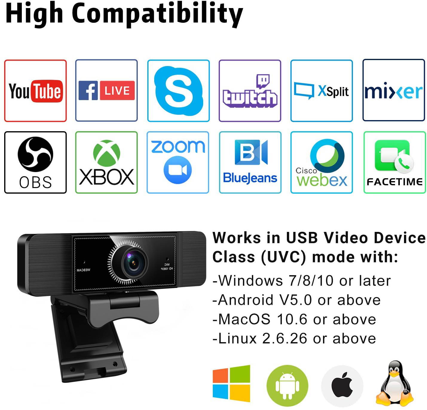 Webcam with Microphone, 1080P Full HD Webcam with 360&deg; rotation, USB Web Cam for PC or Laptop Video Calling, Compatible for Win10/8/8.1/7/XP Linux for Skype, Streaming, Teleconference, Video Chat
