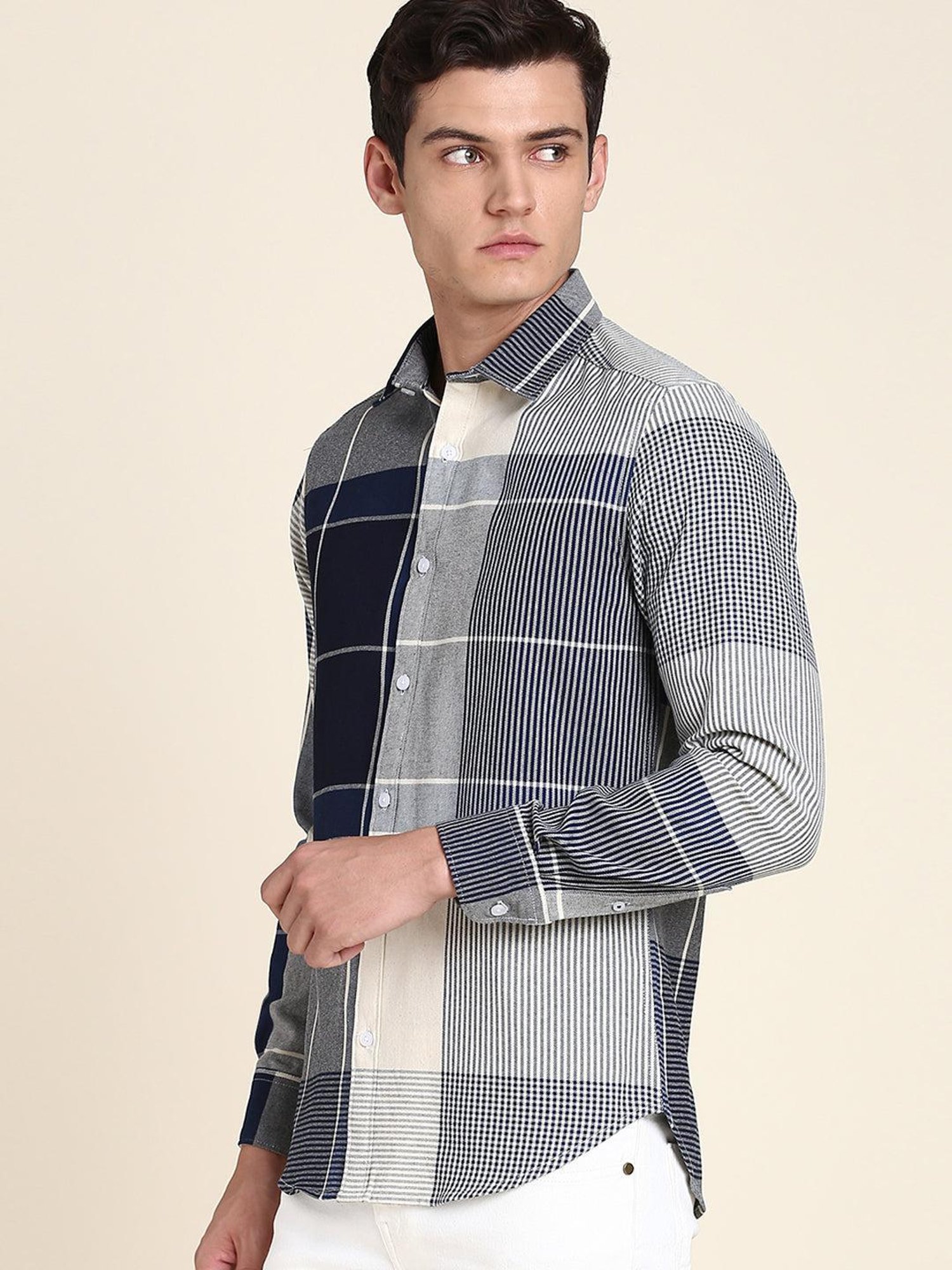 Dennis Lingo Charcoal Cotton Slim Fit Checks Shirt