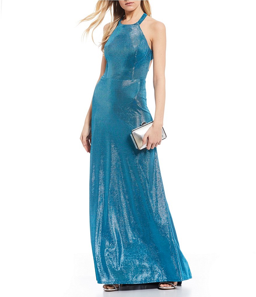 B. Darlin Halter Neck Shimmer Shine Lace-Up-Back Long Dress