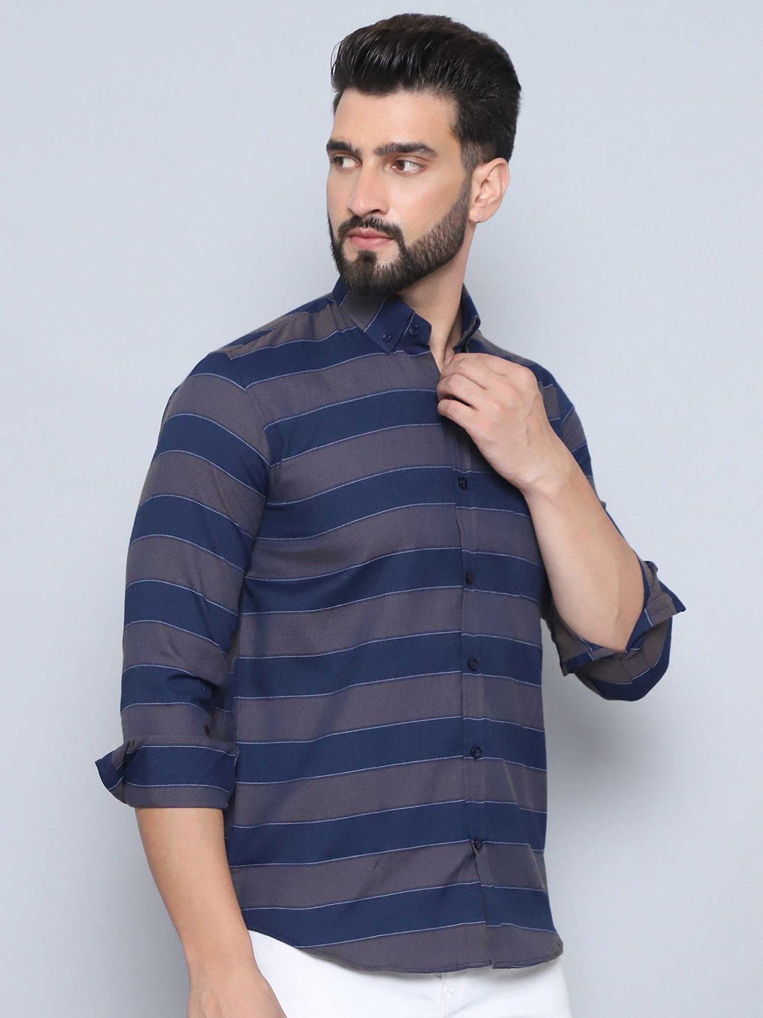 Indian Needle Grey 100% Cotton Regular fit Stripes Casual Shirt
