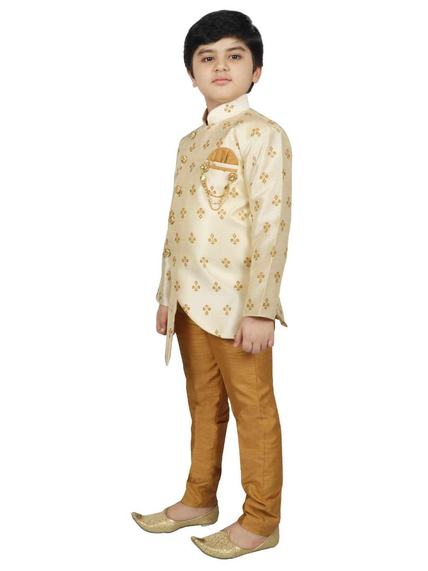 SG Yuvraj Kids Beige & Brown Printed Sherwani with Pyjama