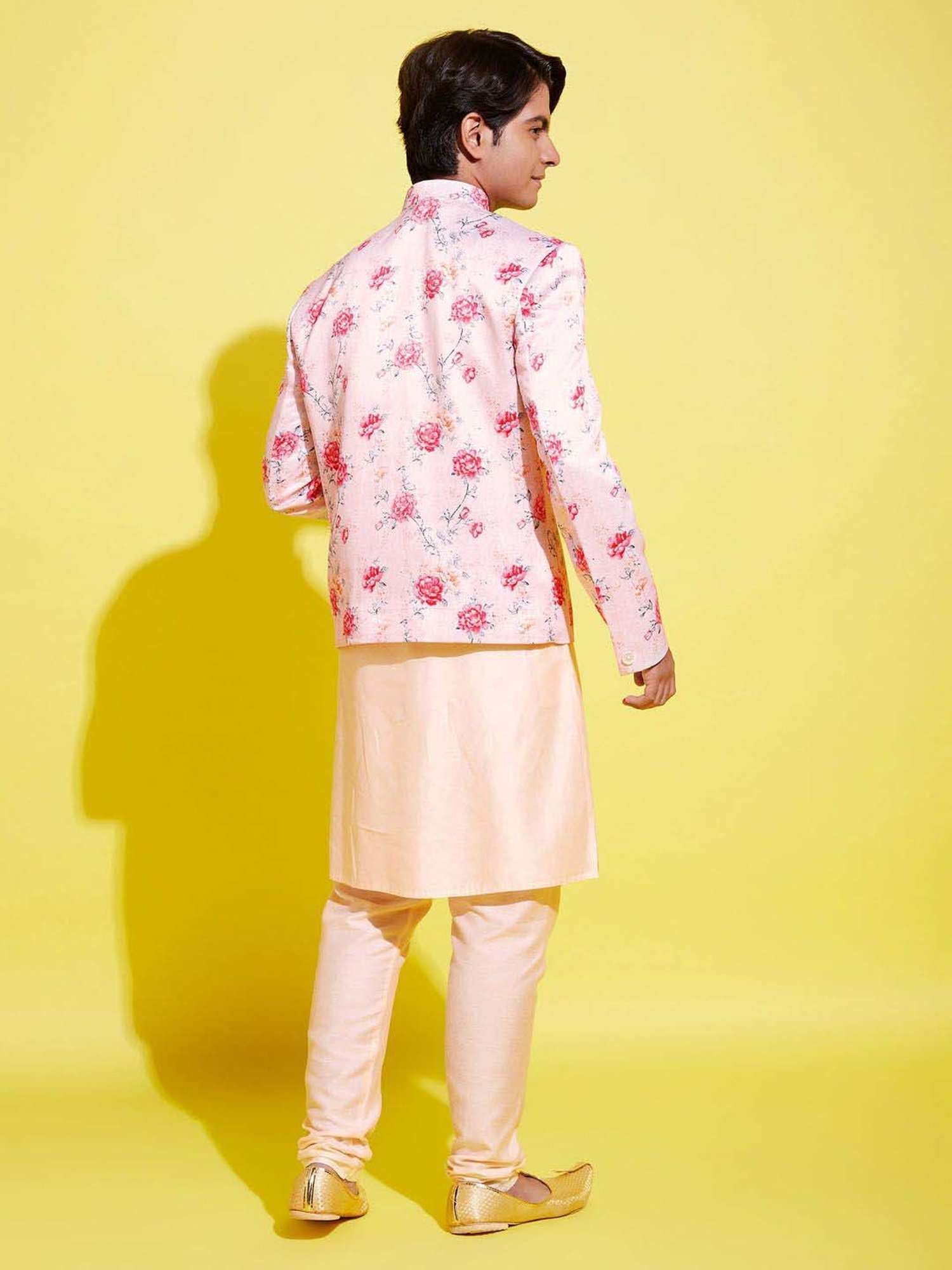 VASTRAMAY Boys Peach & Cream Floral Full Sleeves Kurta Sets