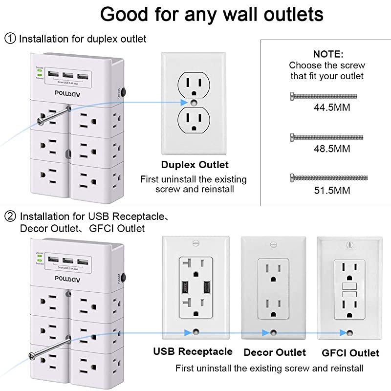 Multi Plug Outlet, Outlet Splitter,  Surge Protector Wall Mount with 12-Outlet Extender and 3 USB Ports(Smart 3.4A Total) for Home, Office, Dorm Essentials, Hotel, White, ETL Listed