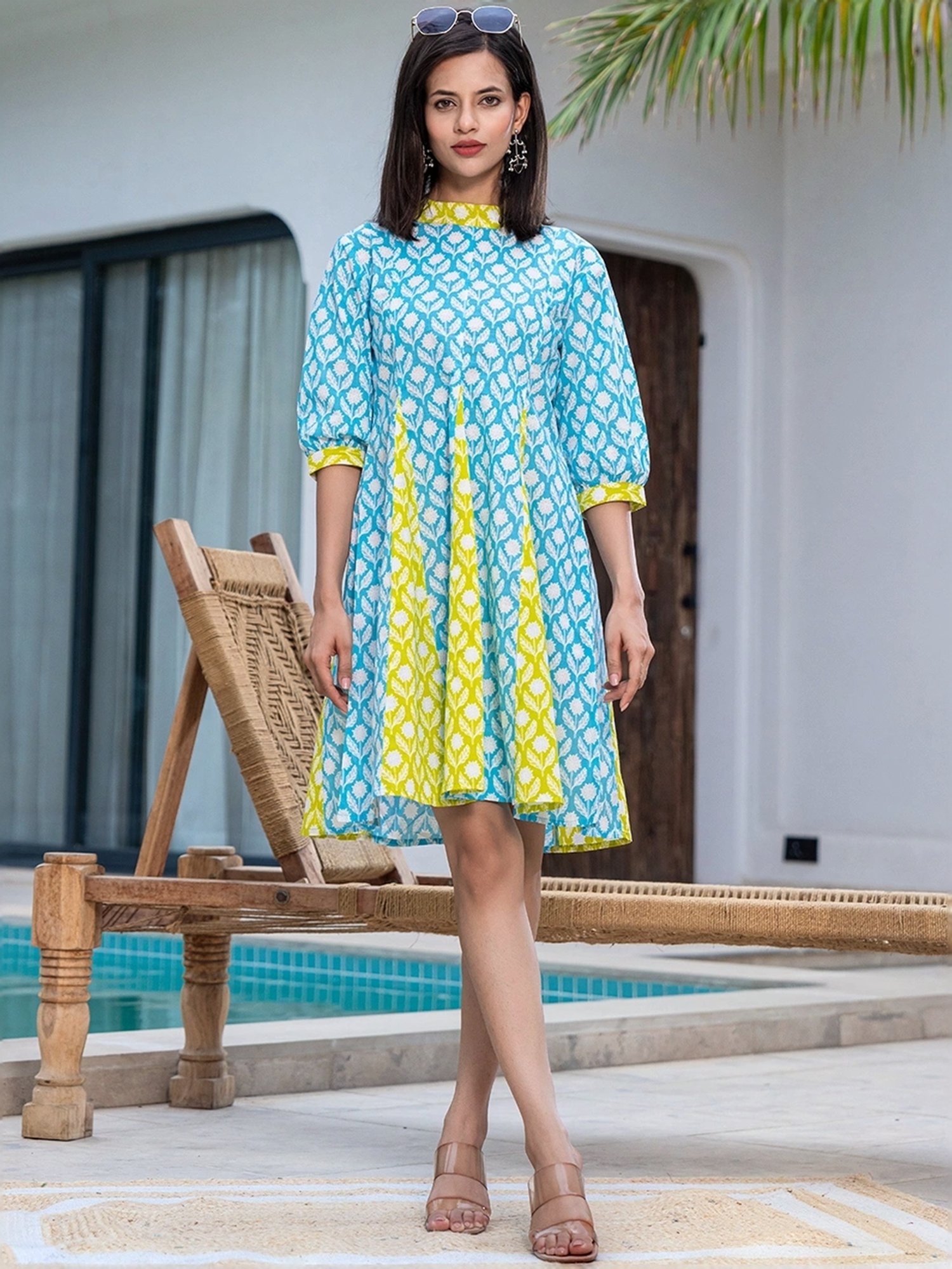 Yufta Blue & Green Cotton Printed A-Line Dress
