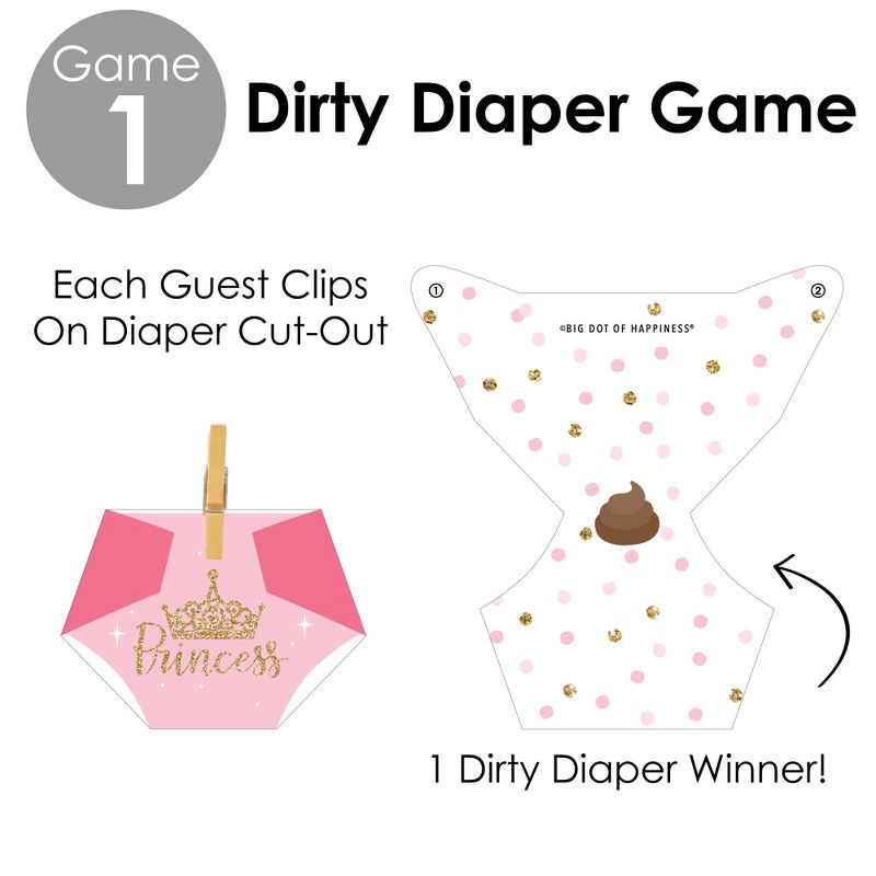 Big Dot of Happiness Little Princess Crown - Pink and Gold Princess Baby Shower Conversation Starter - 2-in-1 Dirty Diaper Game - Set of 24