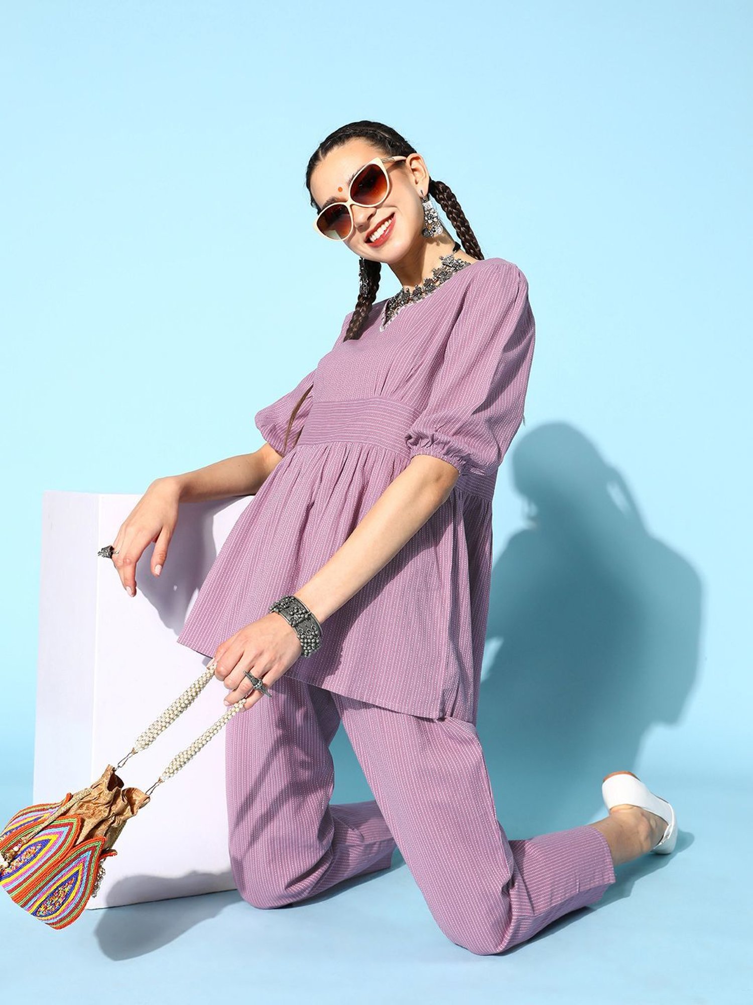 Stylum Lilac Cotton Striped Tunic Pant Set