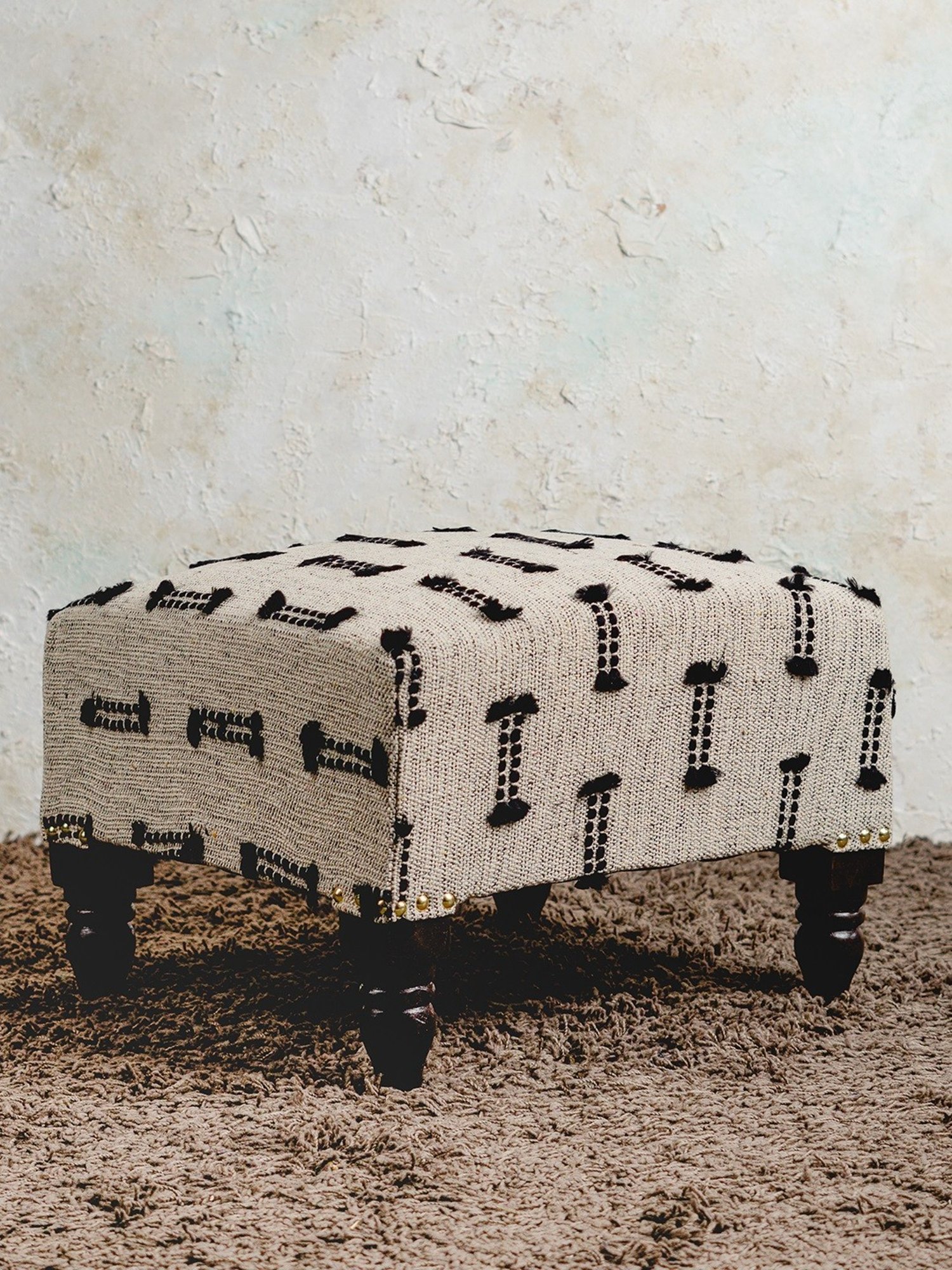 Nestroots Woven White Cotton Canvas Sofa Side Bench for Living Room - Set of 2