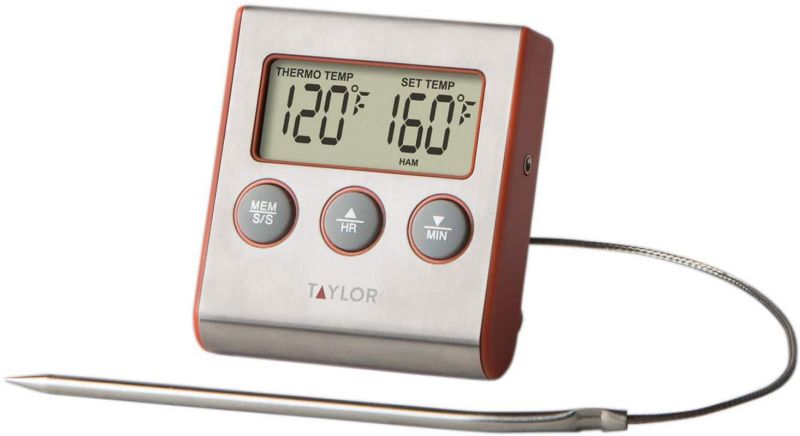 Taylor Precision Products Instant Read Wired Probe Digital Meat Food Grill BBQ Cooking Kitchen Thermometer with Timer Alarm, Red