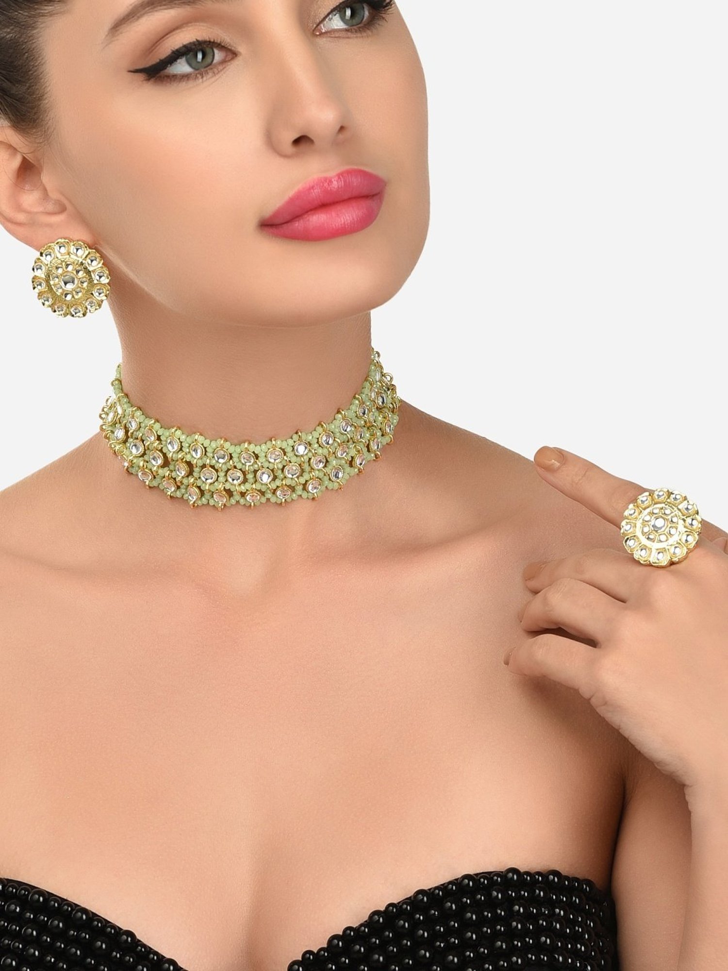 Zaveri Pearls Green Crystal Beads & Kundan Woven Necklace, Earring & Ring Set