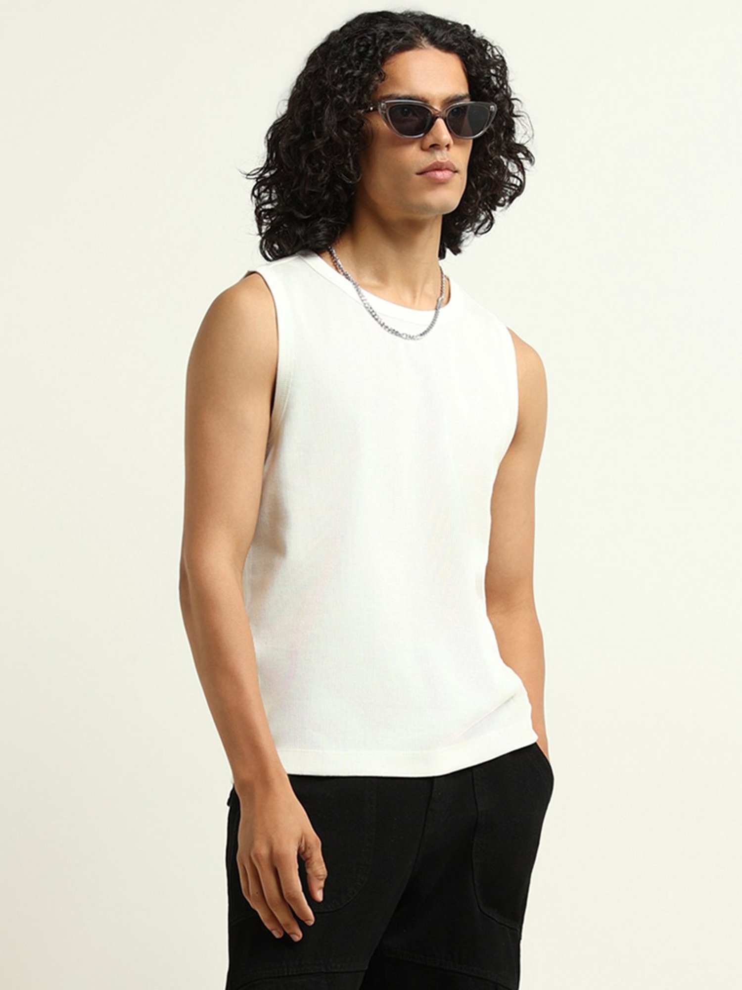 Nuon by Westside White Ribbed Slim Fit T-Shirt