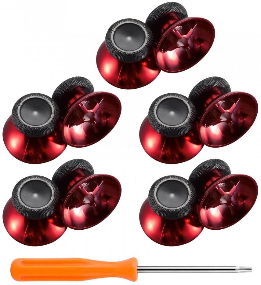 eXtremeRate 10 pcs Rubberized Chrome Red Thumbsticks Buttons Analog Sticks Replacement Parts for Microsoft Xbox One Xbox One S Controller