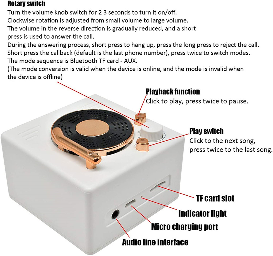 Vintagel Record Player Style Bluetooth Speaker Old Fashioned Classic Style  Gift Bass Enhancement Loud Volume Speaker