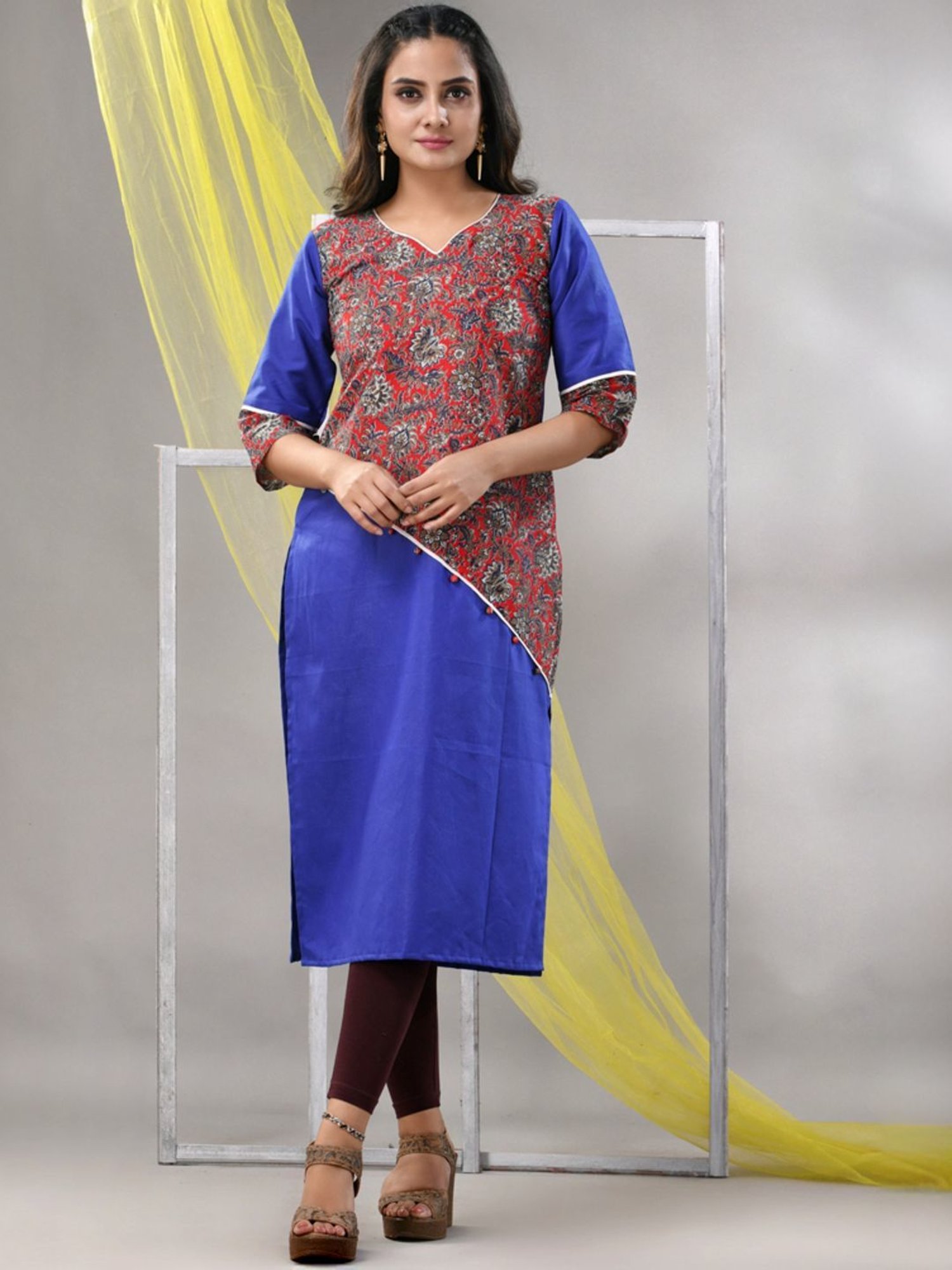 CHARUKRITI Blue Cotton Printed Straight Kurta