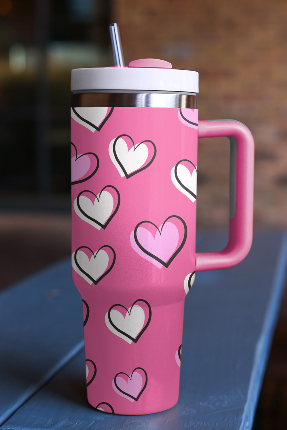 Pink Checkered Print Handled Stainless Steel Tumbler Cup