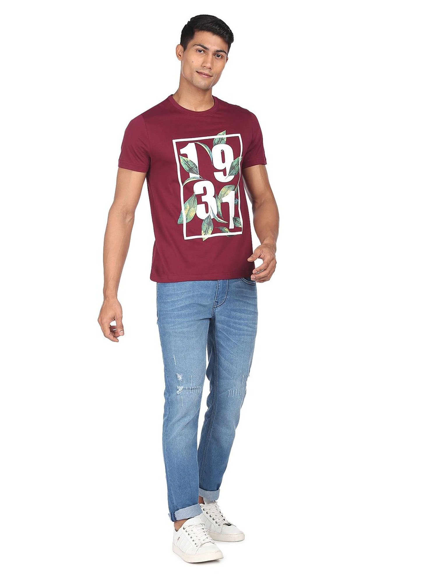 AD by Arvind Wine Slim Fit Crew T-Shirt