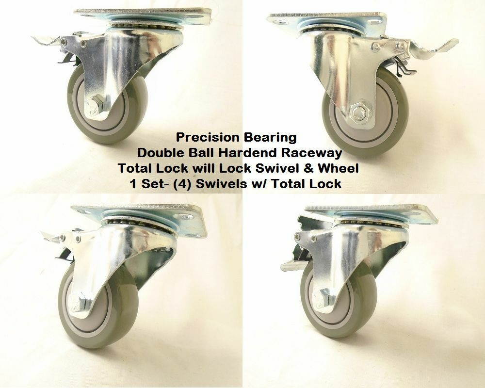3" x 1-1/4" Swivel Casters Polyurethane Wheel w/ Total Lock Brake 300lbs ea. (4)