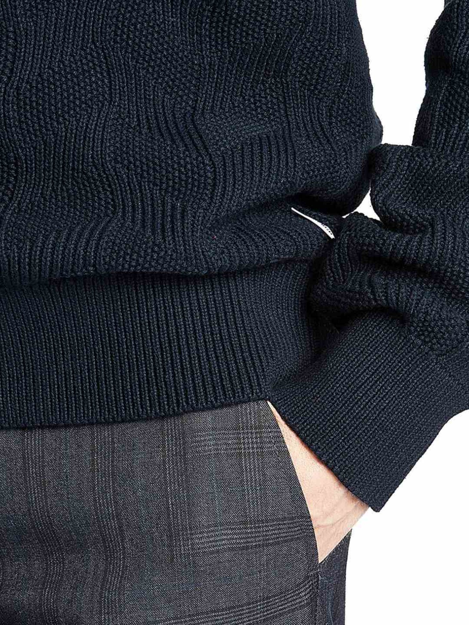 Lindbergh Navy Blue Cotton Regular Fit Self Pattern Sweaters