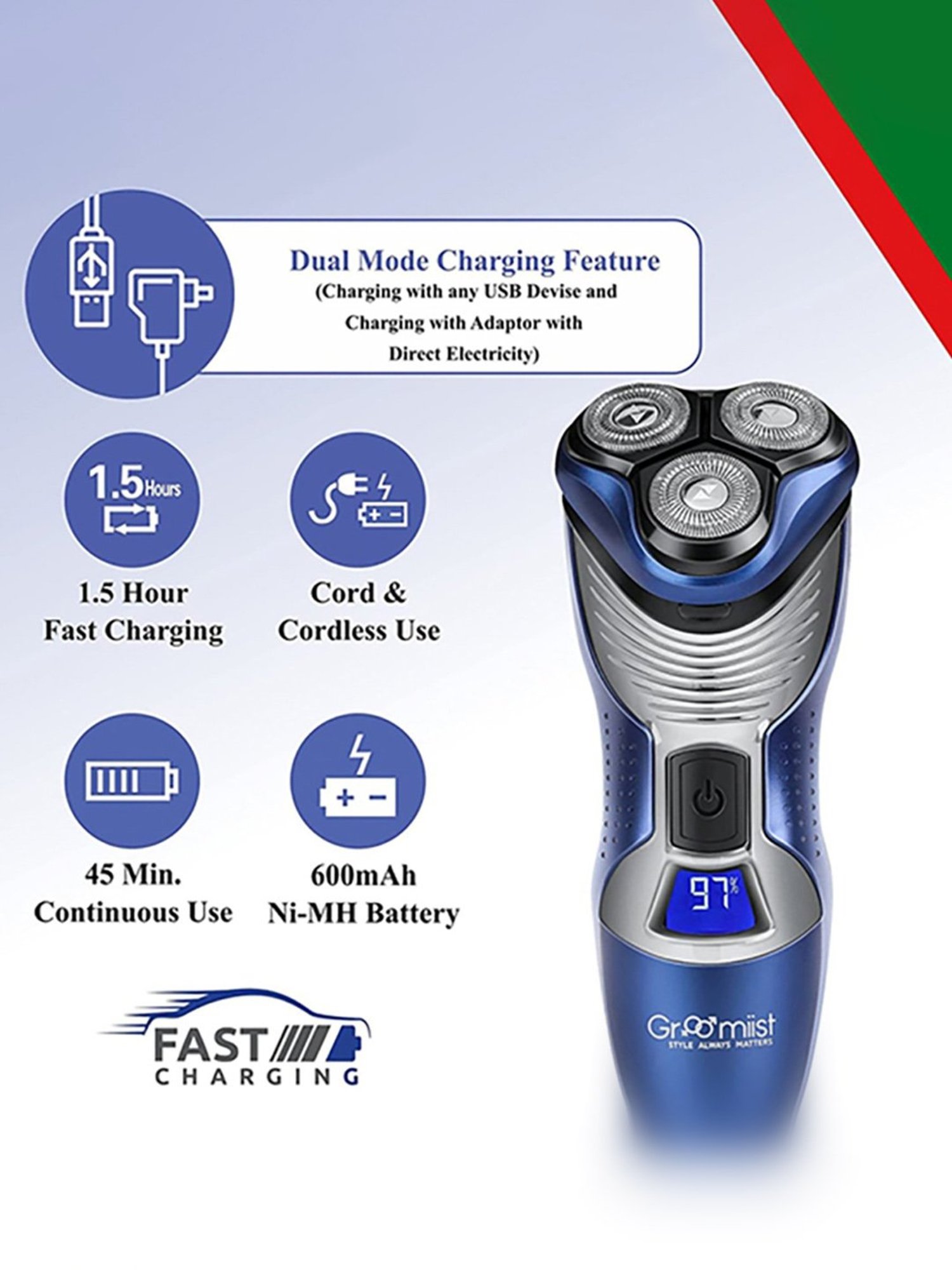 Groomiist GS-05 Gold Series Cordless Shaver - 45 Min Runtime (Blue and Silver)