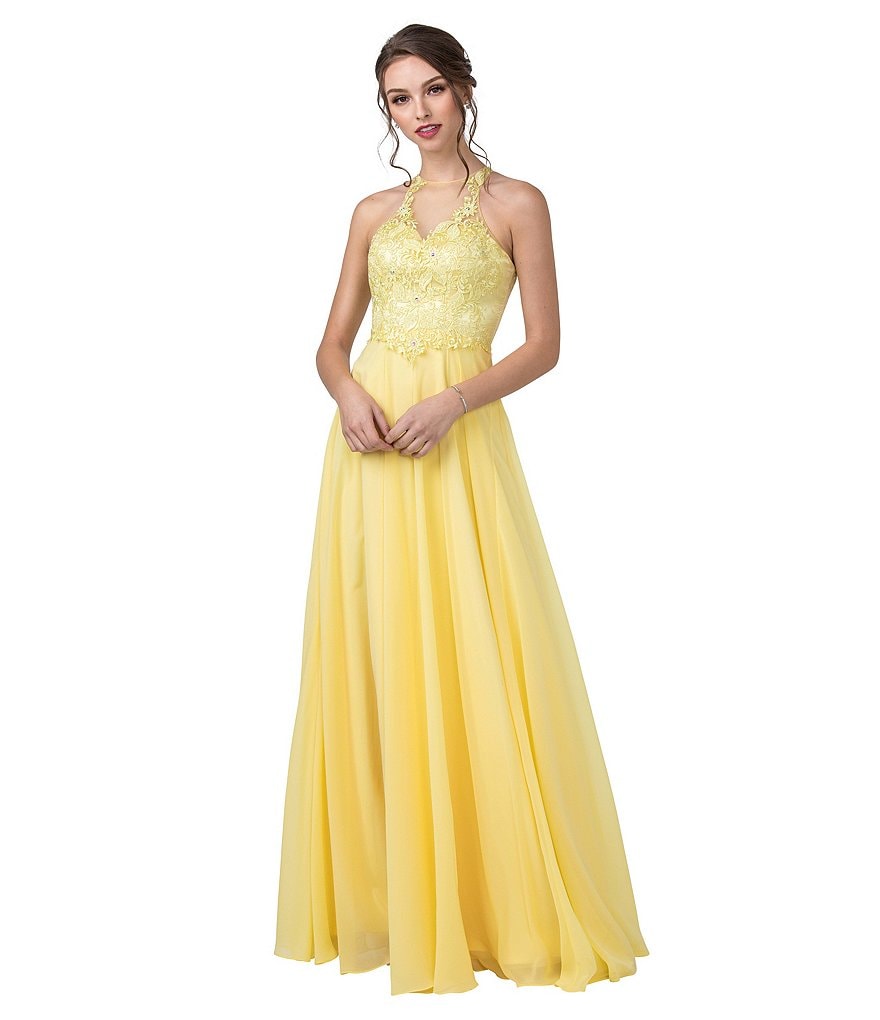 Coya Collection Sleeveless Illusion-Yoke Lace Bodice Chiffon Long Dress