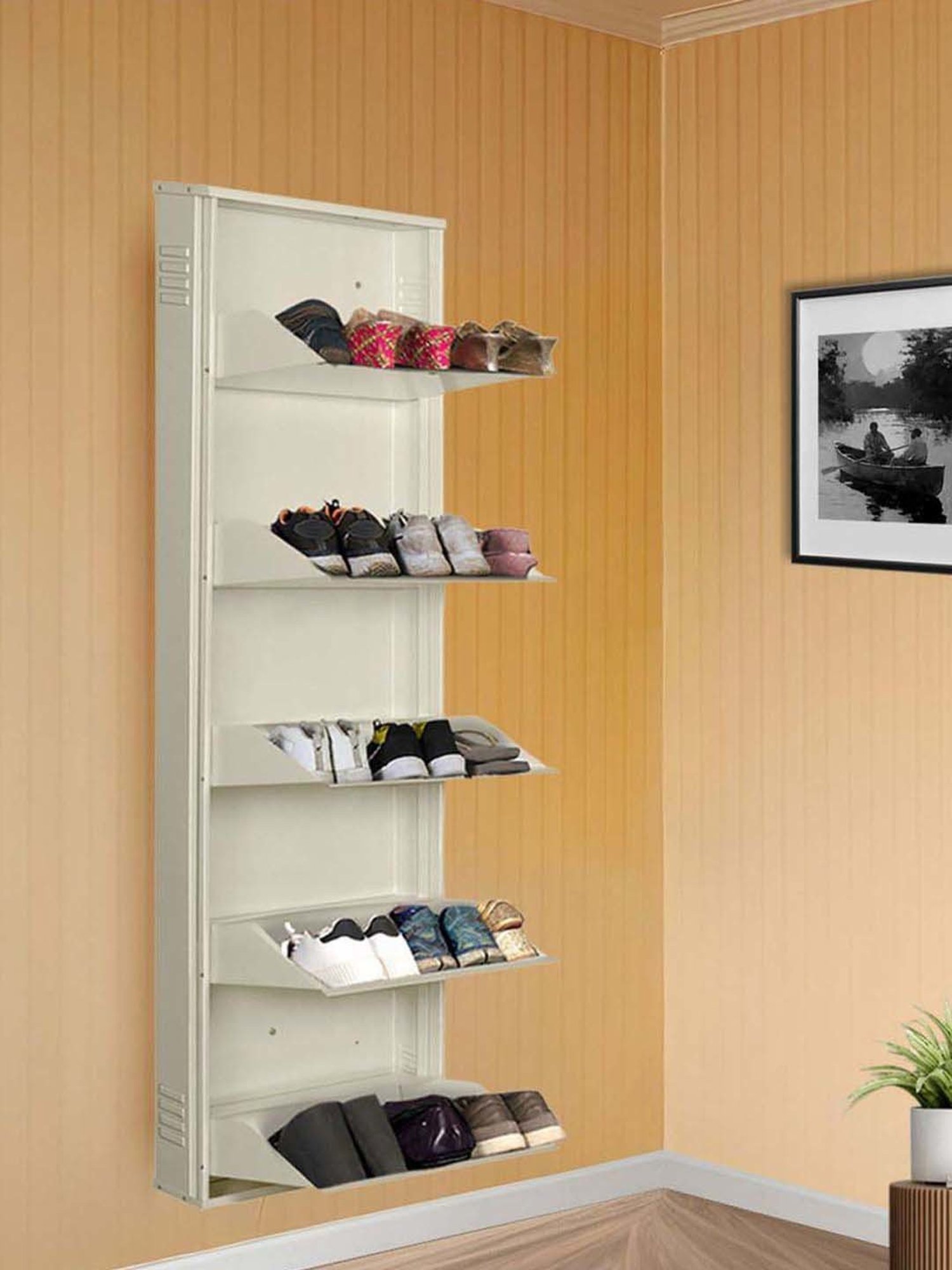 Delite Kom Metal Shoe Rack - 20" 5 Shelf, Ivory, PowderCoat, Wall Mount, DIY
