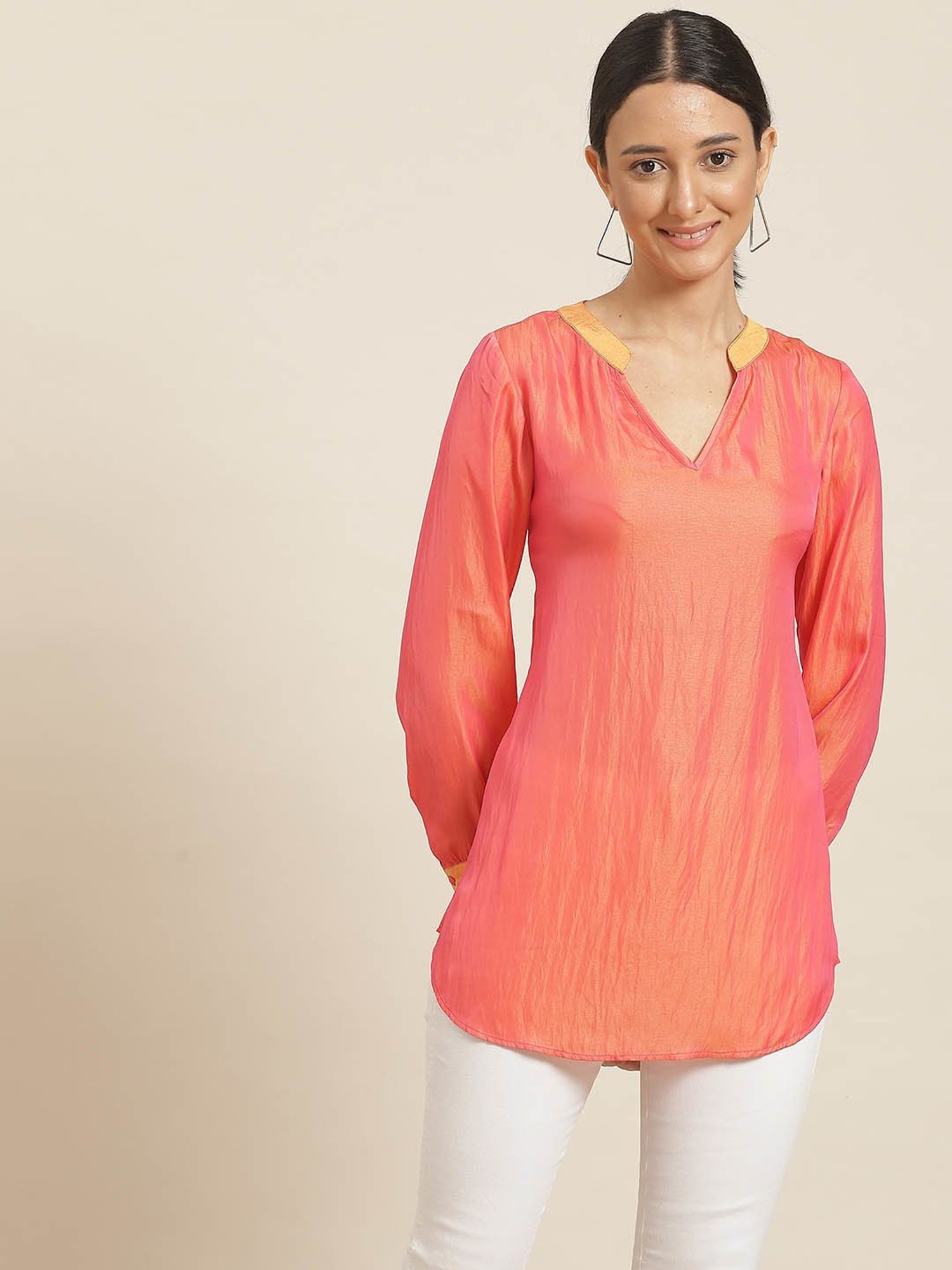 Qurvii Orange Silk Regular Fit Top