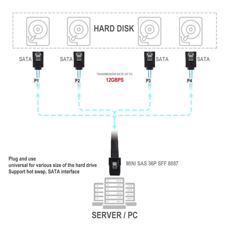 Weastlinks Sas Sata Cable Mini-SAS SFF-8087 to 4 SATA Cable Mini SAS 4i SFF8087 36P To 4 SATA 7P Cable 12Gbps Hard Drive Data