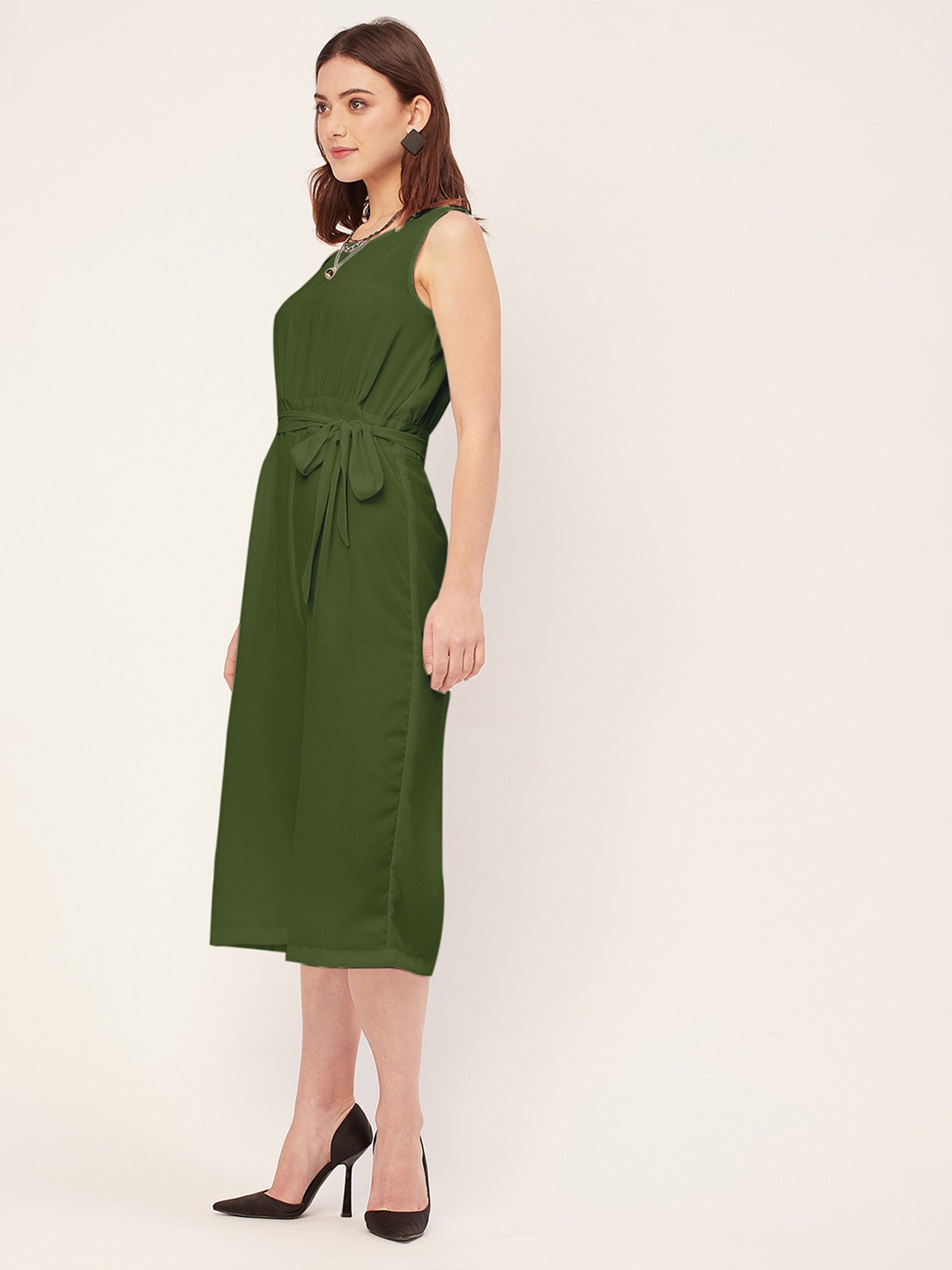 Moomaya Olive Georgette Midi Jumpsuit