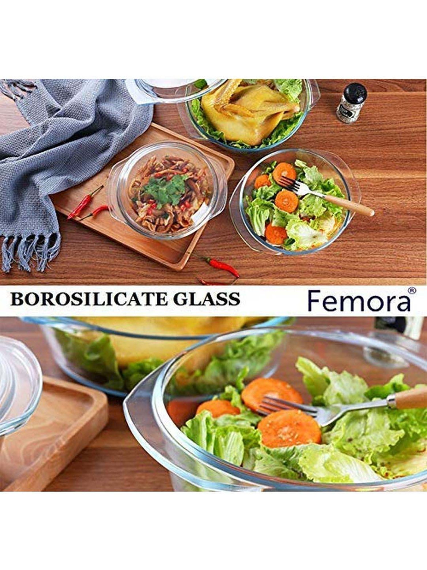 Femora Borosilicate Glass Round Serving Casserole with Lids (1000 ml & 700 ml) - Set of 2