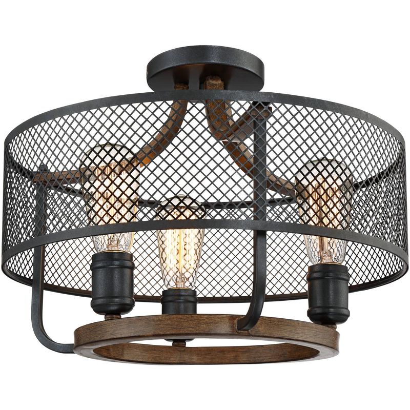 Franklin Iron Works Farmhouse Ceiling Light Semi Flush Mount Fixture Black Mesh Wood 16" Wide 3-Light for Bedroom Kitchen Hallway
