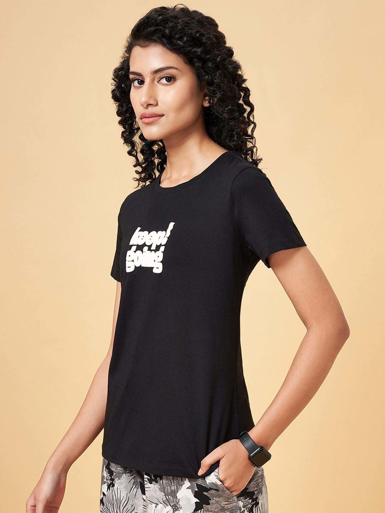 Ajile by Pantaloons Jet Black Cotton Printed T-Shirt