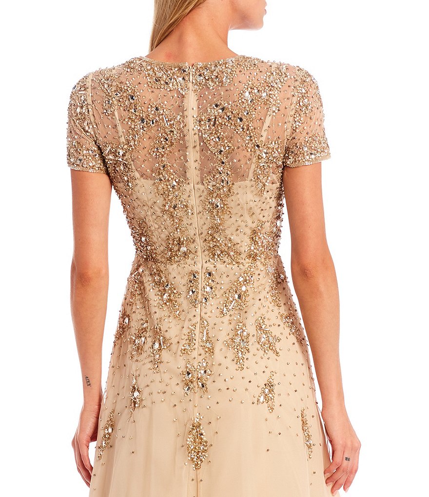 Aidan Mattox Crew Neck Short Sleeve Beaded Mesh Fit-and-Flare Midi Dress