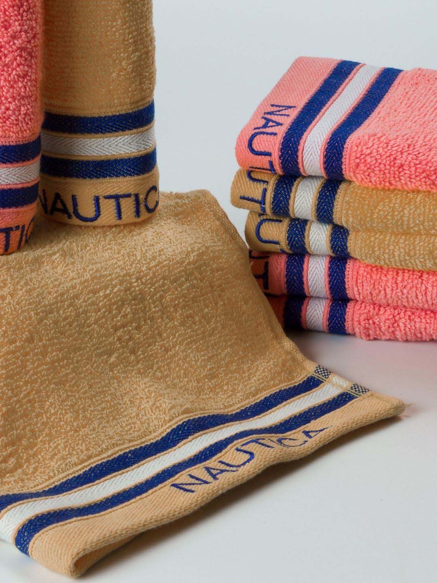 Nautica Vintage Crew Stripe Beige & Coral Cotton 500 GSM Super Soft Zero Twist Face Towel - Set of 8