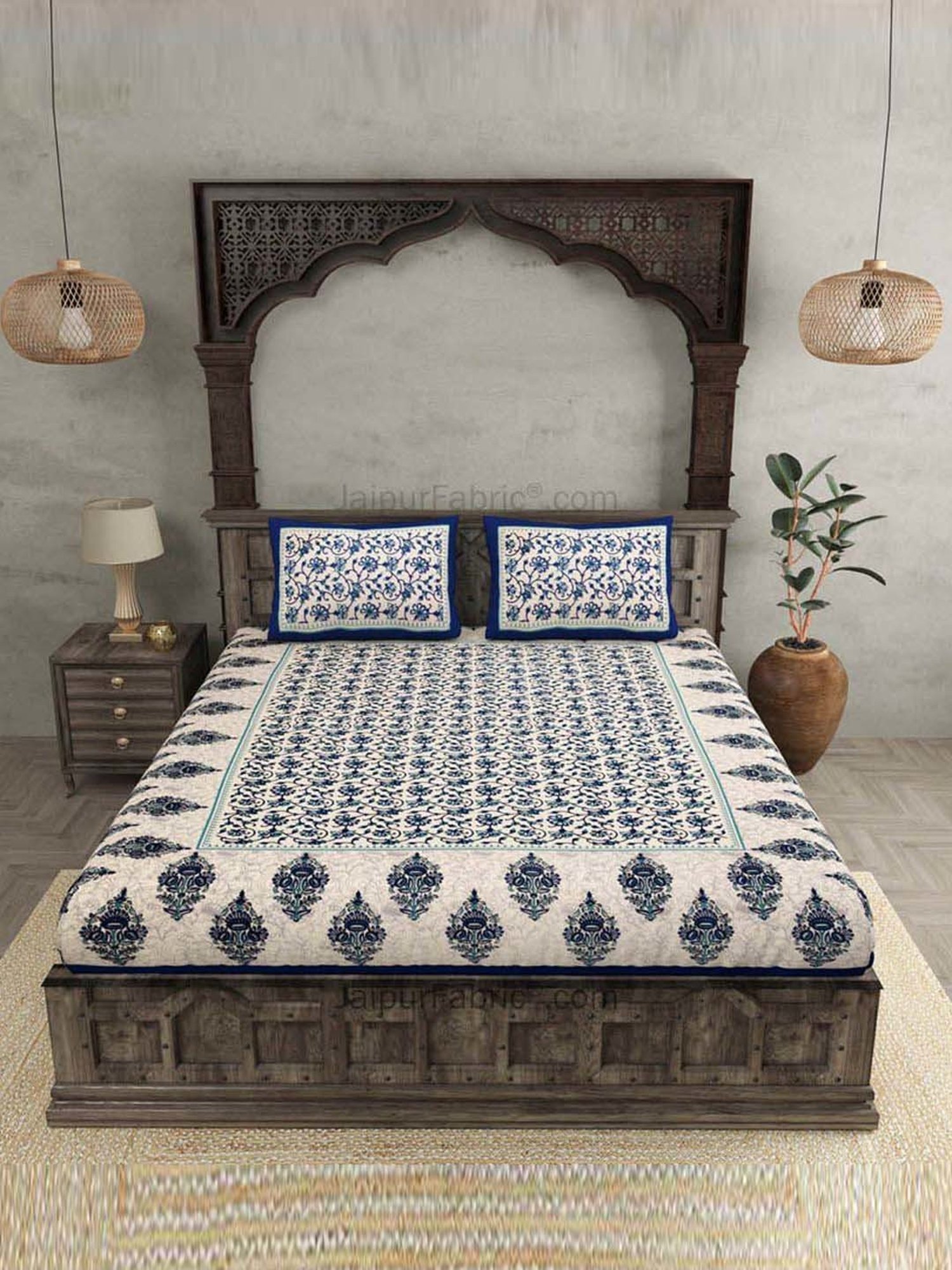 JaipurFabric Blue 100% Pure Cotton 150 TC Double Bedsheet with 2 Pillow Covers