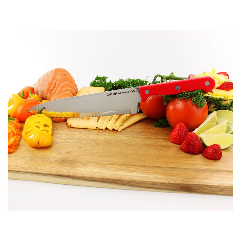 Ginsu Stainless Steel Serrated Knife Set 14pc with Red Kitchen Knives in a Natural Block