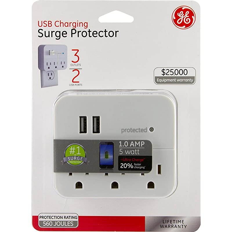 Sur Protector Wall Tap Charging Station 3 Outlets 2 USB Charr Ports 3 Prong Power Outlet Extender Blue LED Protected Indicator Light 560 Joules Warranty UL Listed White 14512