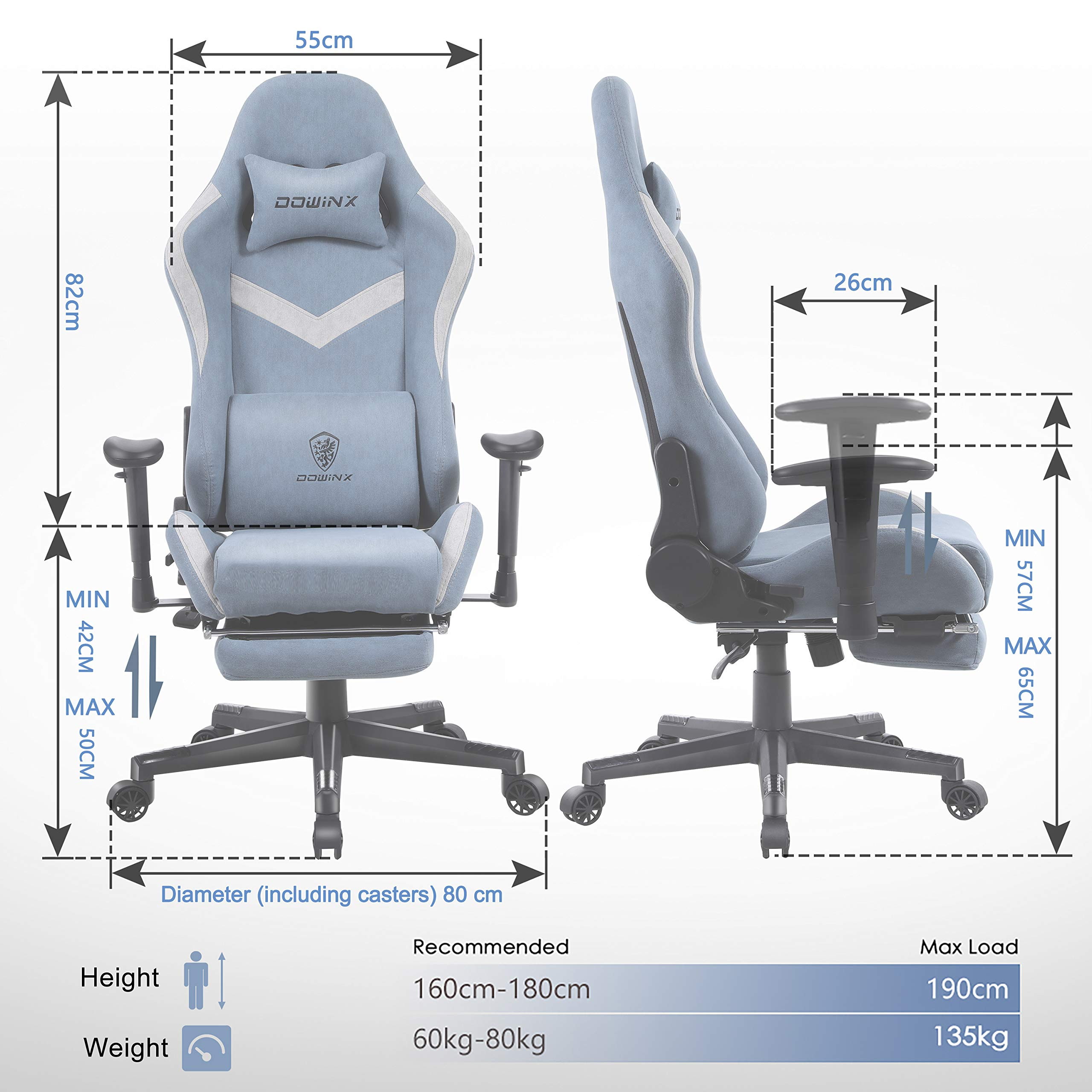 Dowinx Gaming Chair Breathable Fabric Office Chair with Massage Lumbar Support, High Back Ergonomic Comouter Chair Adjustable Swivel Task Chair with Footrest (Blue)