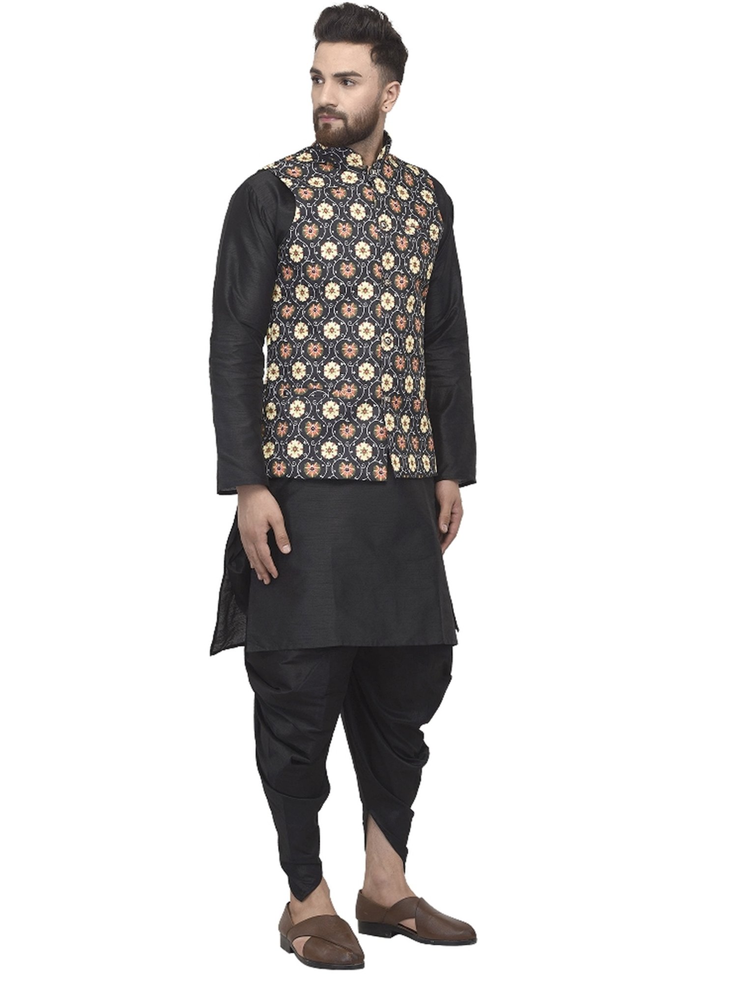 Benstoke Black Regular Fit Floral Print Kurta Set With Jacket