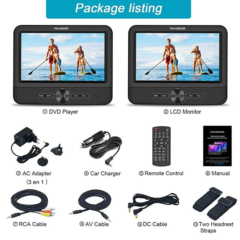 10&rsquo;&rsquo; Dual Car DVD Player Portable Headrest CD Players with 2 Mounting Brackets, 5 Hours Rechargeable Battery, Last Memory, Free Regions, USB/SD Card Reader, AV Out&in ( 1 Player + 1 Screen )