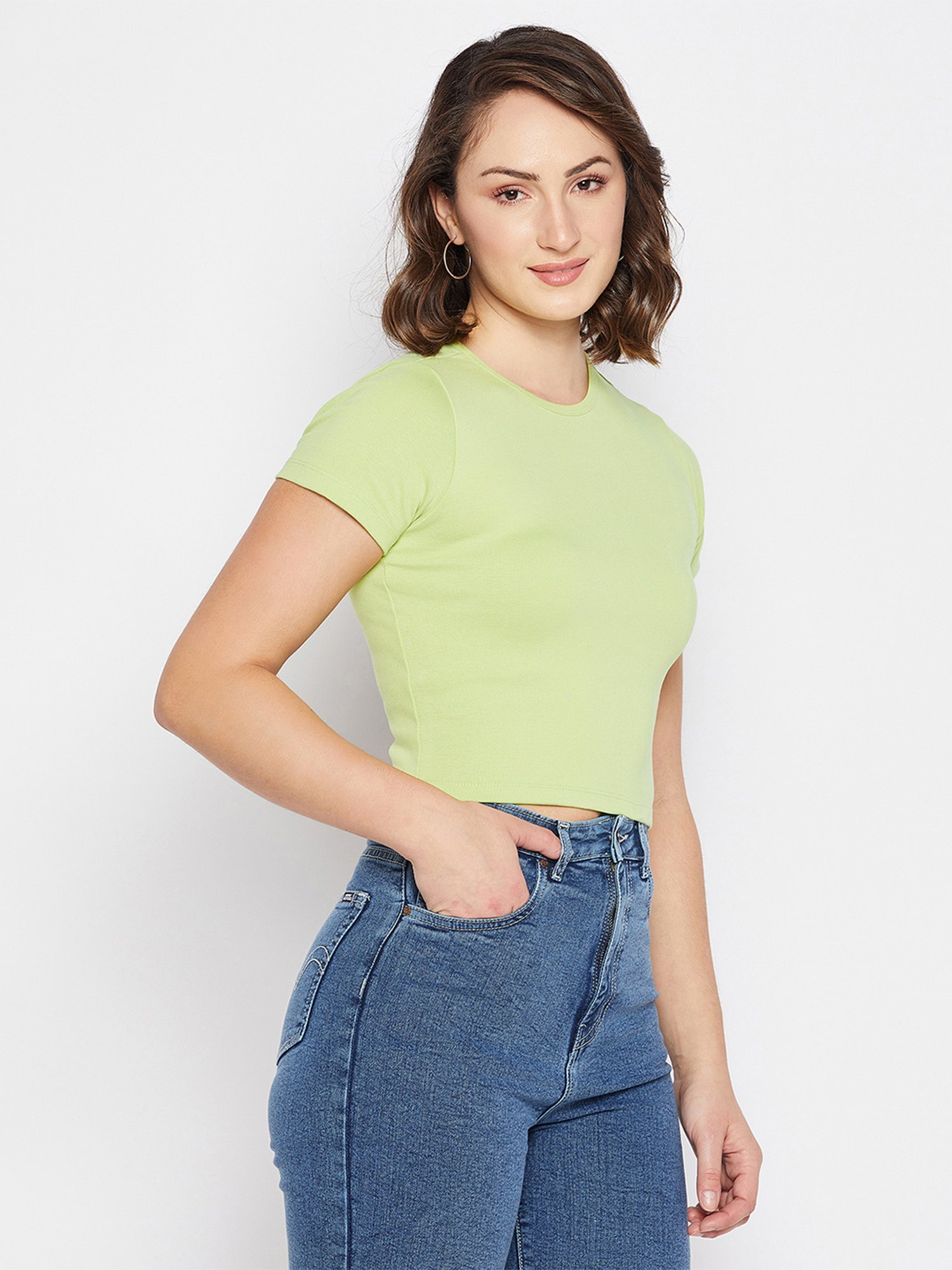 MADAME Green Cotton Regular Fit Crop Top