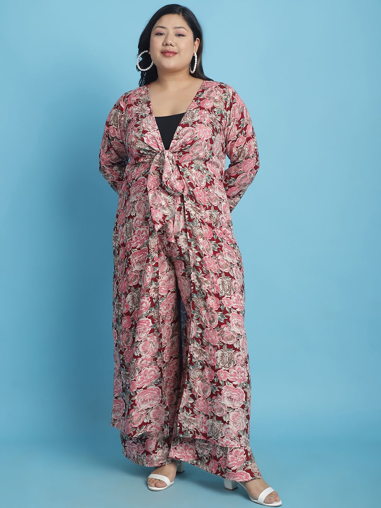 theRebelinme Maroon Floral Print Long Shrug